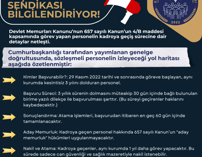 Devlet Memurları Kanunu’nun 657 Sayılı Kanun’un 4/B Maddesi Kapsamında Görev Yapan Personelin Kadroya Geçiş Sürecine Dair Detaylar Netleşti