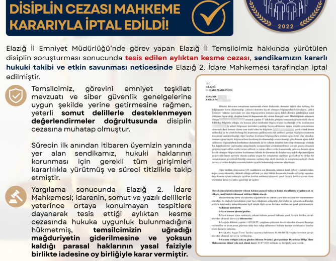 HUKUK MÜCADELEMİZ SONUÇ VERDİ: ELAZIĞ İL TEMSİLCİMİZE VERİLEN DİSİPLİN CEZASI MAHKEME KARARIYLA İPTAL EDİLDİ!
