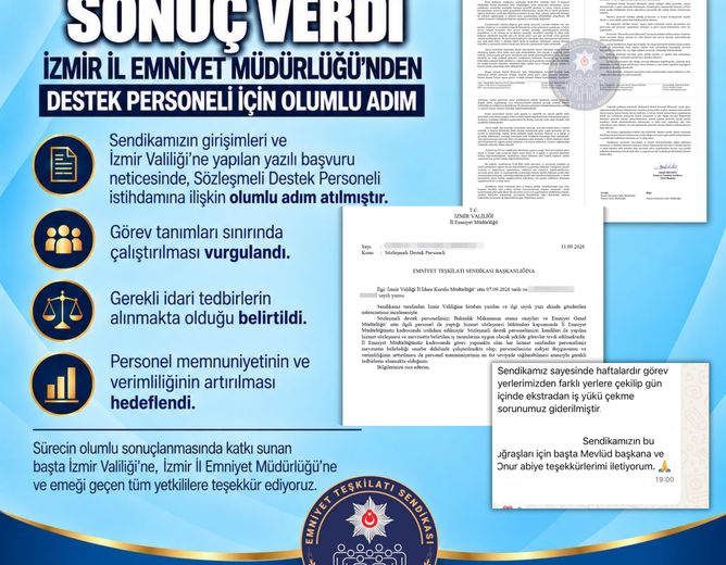 SENDİKAMIZIN GİRİŞİMLERİ SONUÇ VERDİ: İZMİR İL EMNİYET MÜDÜRLÜĞÜ’NDEN DESTEK PERSONELİ İÇİN OLUMLU ADIM