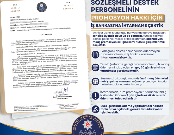 SÖZLEŞMELİ DESTEK PERSONELİNİN PROMOSYON HAKKI İÇİN İŞ BANKASI’NA İHTARNAME ÇEKTİK